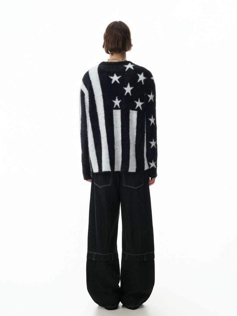 Stars & Stripes Fuzzy Knit Sweater – Black & White American Flag Pattern