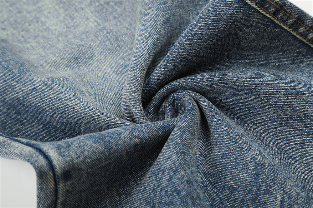 Wide-Leg Baggy Jeans with Cross Pocket Embroidery & Washed Distressed Finish