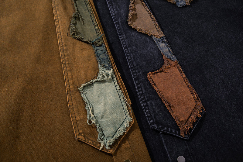 Patchwork Tie Denim Shirt – Vintage Streetwear Button-Up with Detachable Fabric