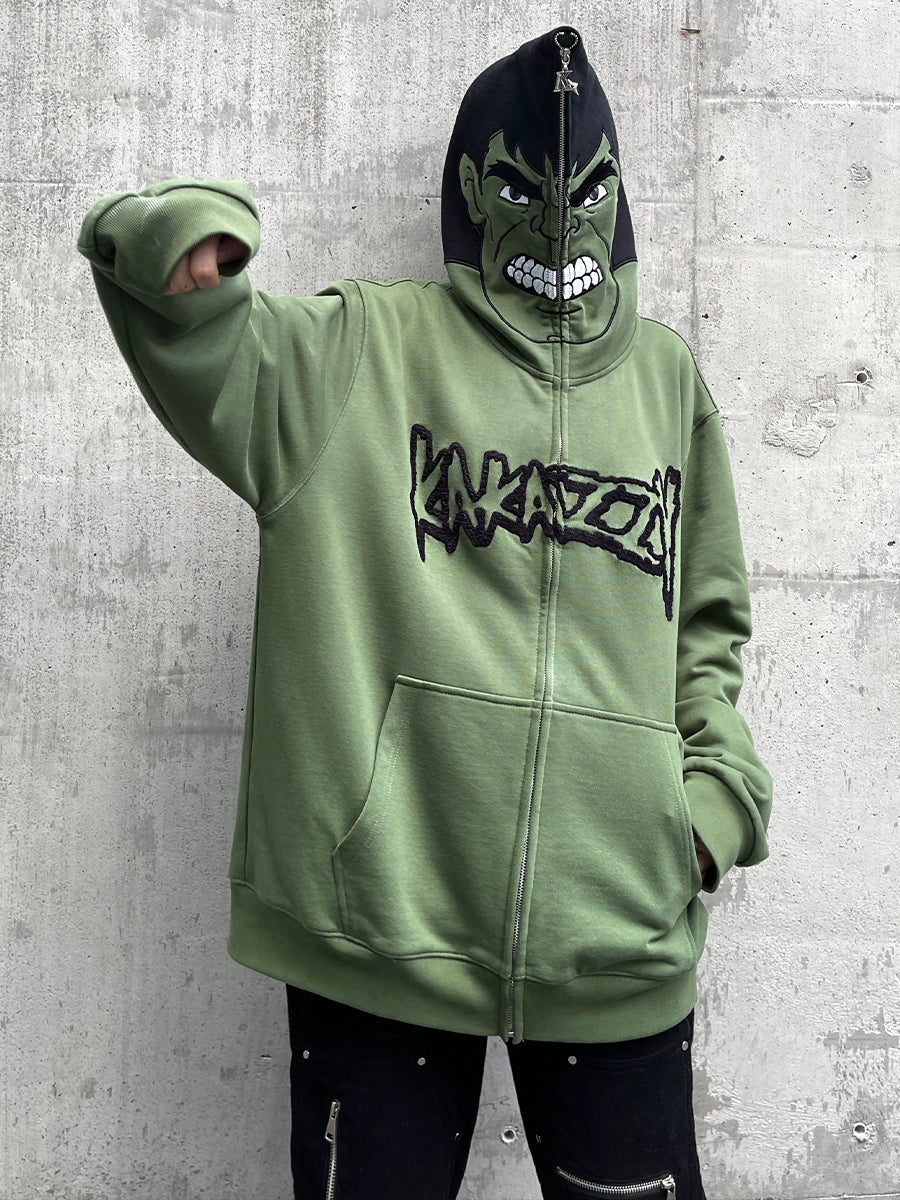 Hulk-Inspired Hoodie - 400GSM Oversized Green Zip-Up Superhero Sweatshirt