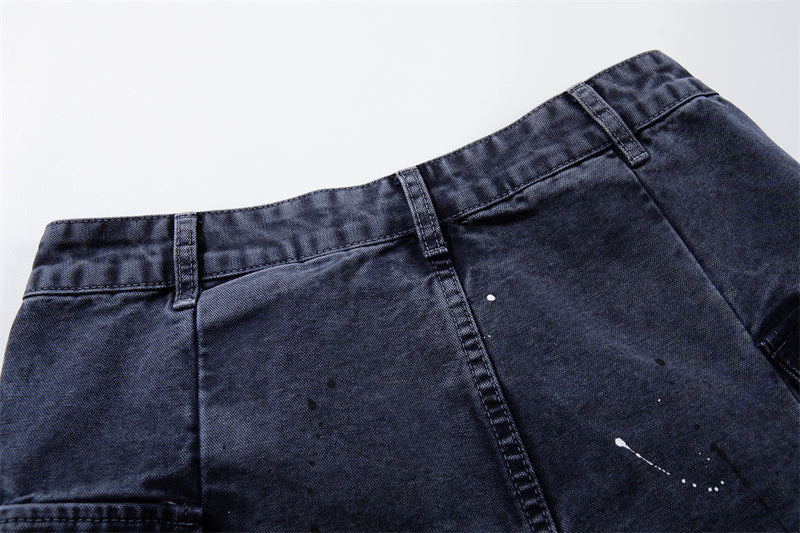 Paint Splatter Cargo Denim Shorts – Wide-Leg Washed Streetwear
