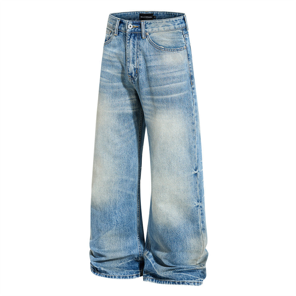 Wide Leg Baggy Jeans – Men's Vintage Washed Light Blue Straight Fit Denim