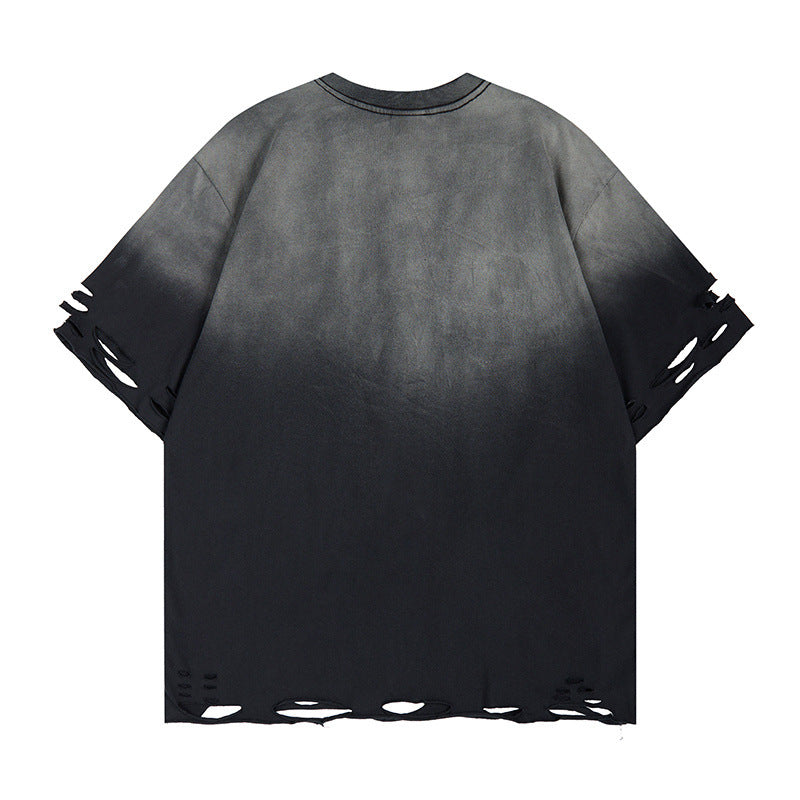 ダメージグラデーション半袖Tシャツ｜ウォッシュドブラック 裾カットオフ ストリートウェア