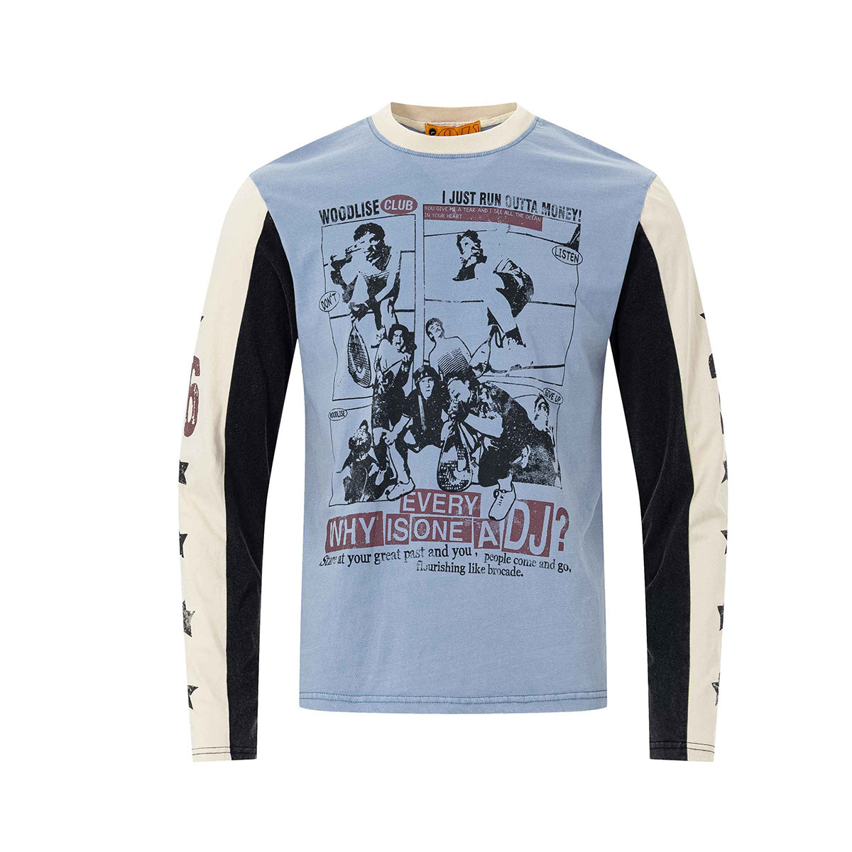 ダスティブルーのカラーブロック長袖グラフィックTシャツ。胸元にヴィンテージコミックストリッププリント、コントラストの効いたクリームとブラックの袖
