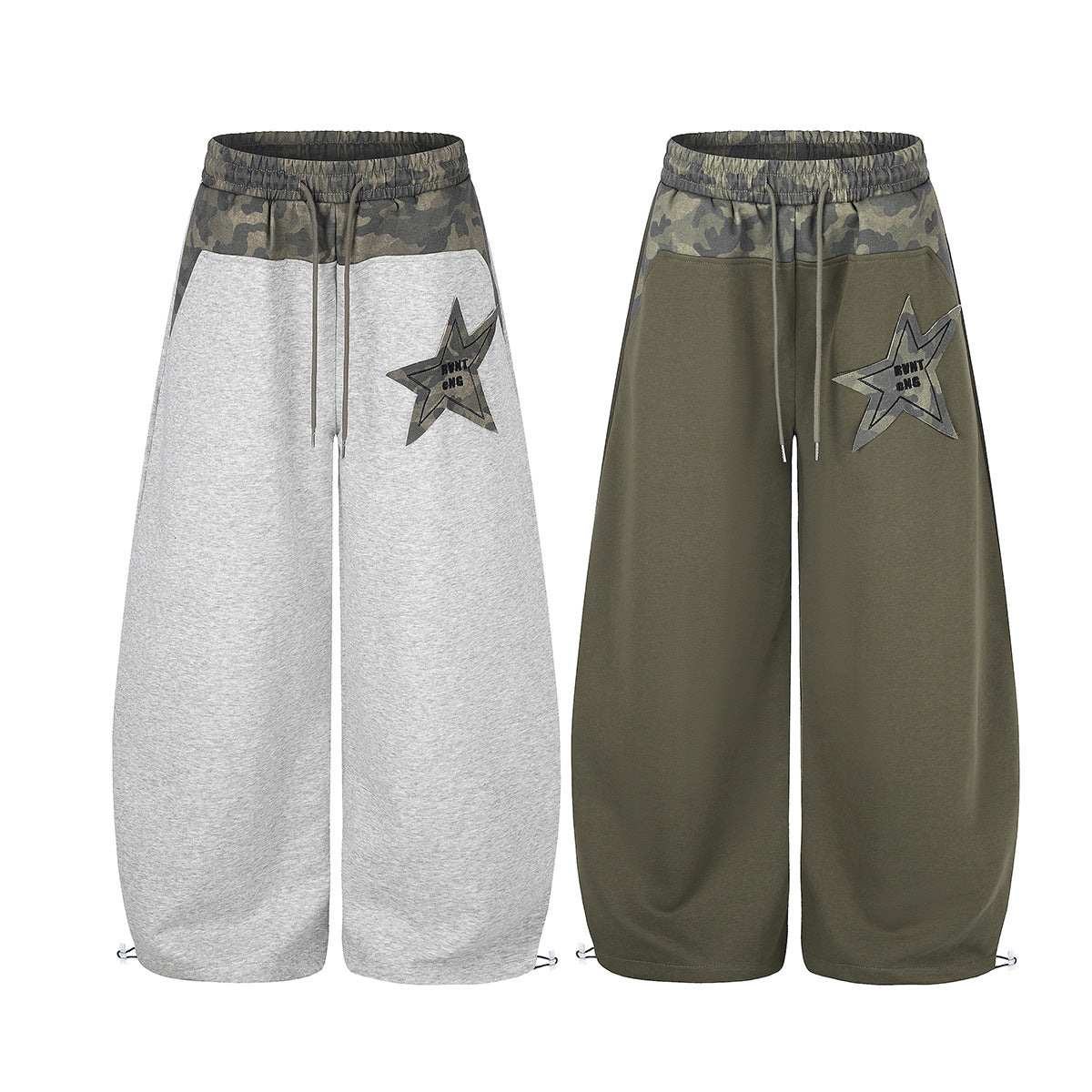Wide-Leg Sweatpants with Camo Waistband and Star Patch