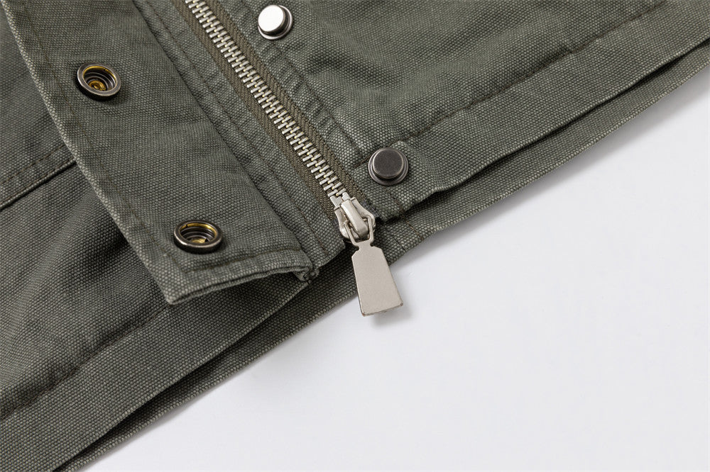 Men's Olive Military Field Jacket – Star Studs, Multi-Pocket, Drawstring Waist
