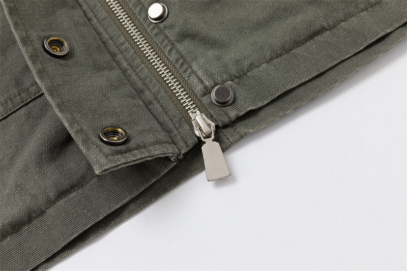 Men's Olive Military Field Jacket – Star Studs, Multi-Pocket, Drawstring Waist