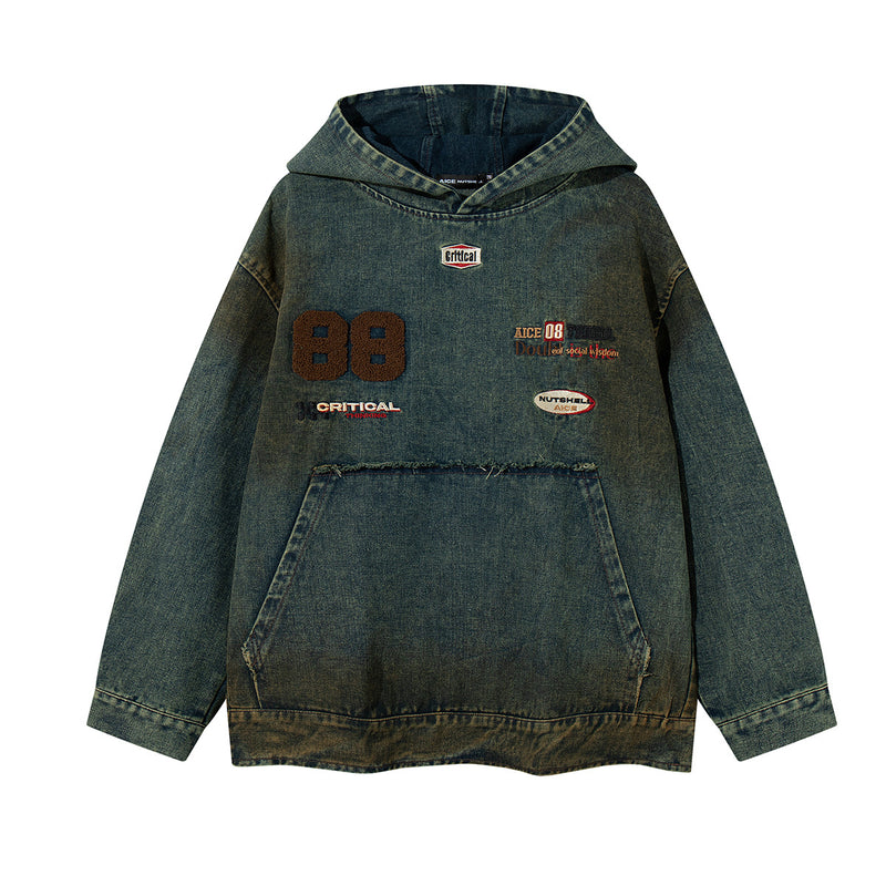 Boxy Washed Denim Hoodie Jacket with 88 Embroidered Patches