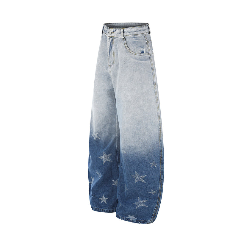 Baggy Wide-Leg-Jeans mit Stern-Print und Farbverlauf-Waschung – High-Waist-Schnitt mit geschwungener Silhouette
