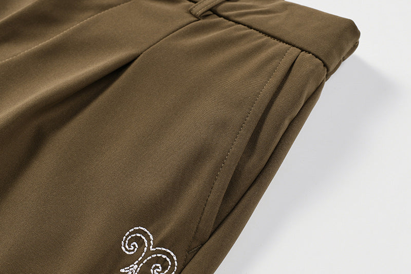 Wide Leg Dress Pants with Floral Embroidery Side Stripe