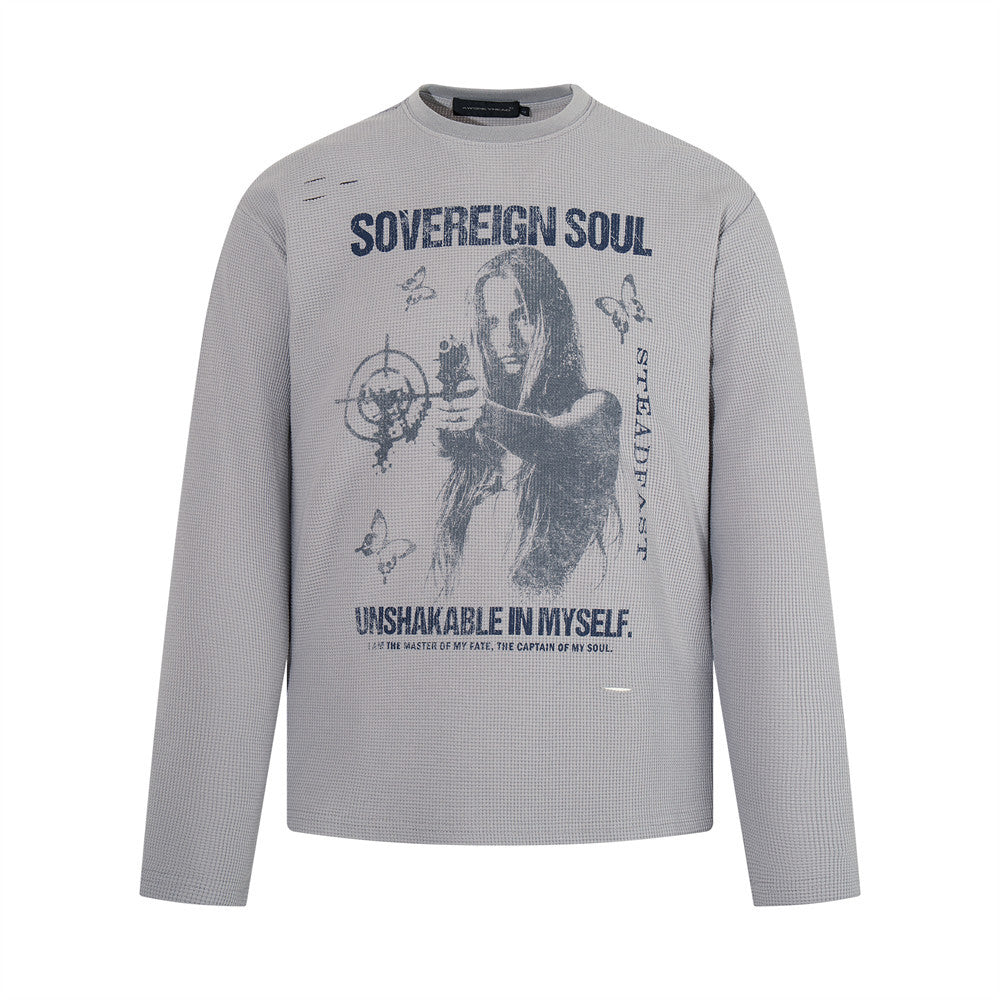 Grey waffle-knit long sleeve t-shirt with Sovereign Soul distressed graphic print featuring a woman, butterflies, and crossha