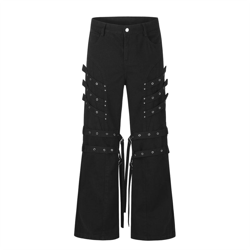Men's black bell bottom jeans with gothic harness straps, metal eyelets, and ribbon ties on flared denim pants