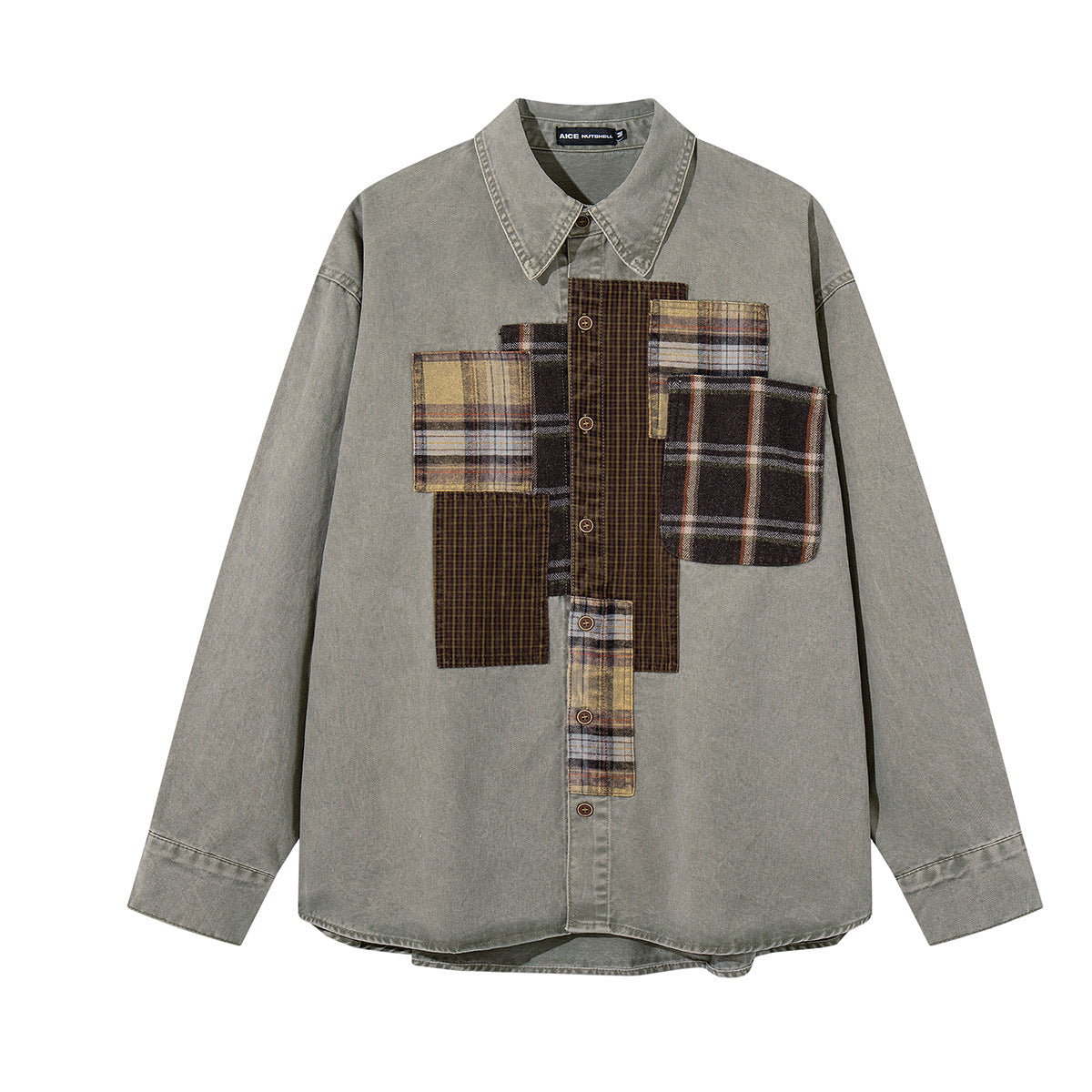 Patchwork Plaid Washed Denim Shirt – Oversized Vintage Nomad Style