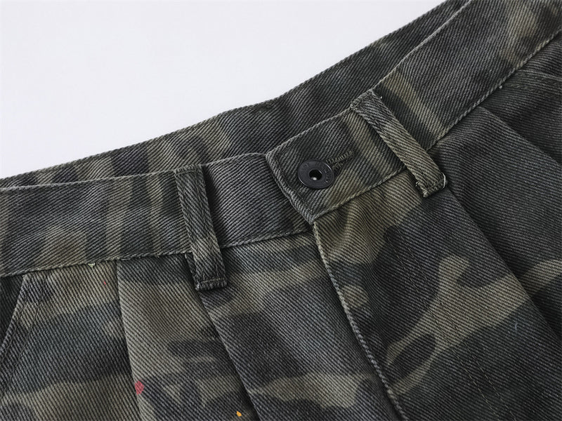 Camo Cargo Shorts – Paint Splatter Multi-Pocket Wide-Leg