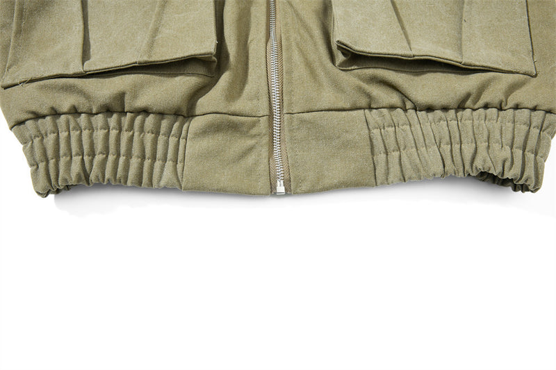 Gothic Letter Embroidered Cargo Bomber Jacket – Stand Collar, Multi-Pocket