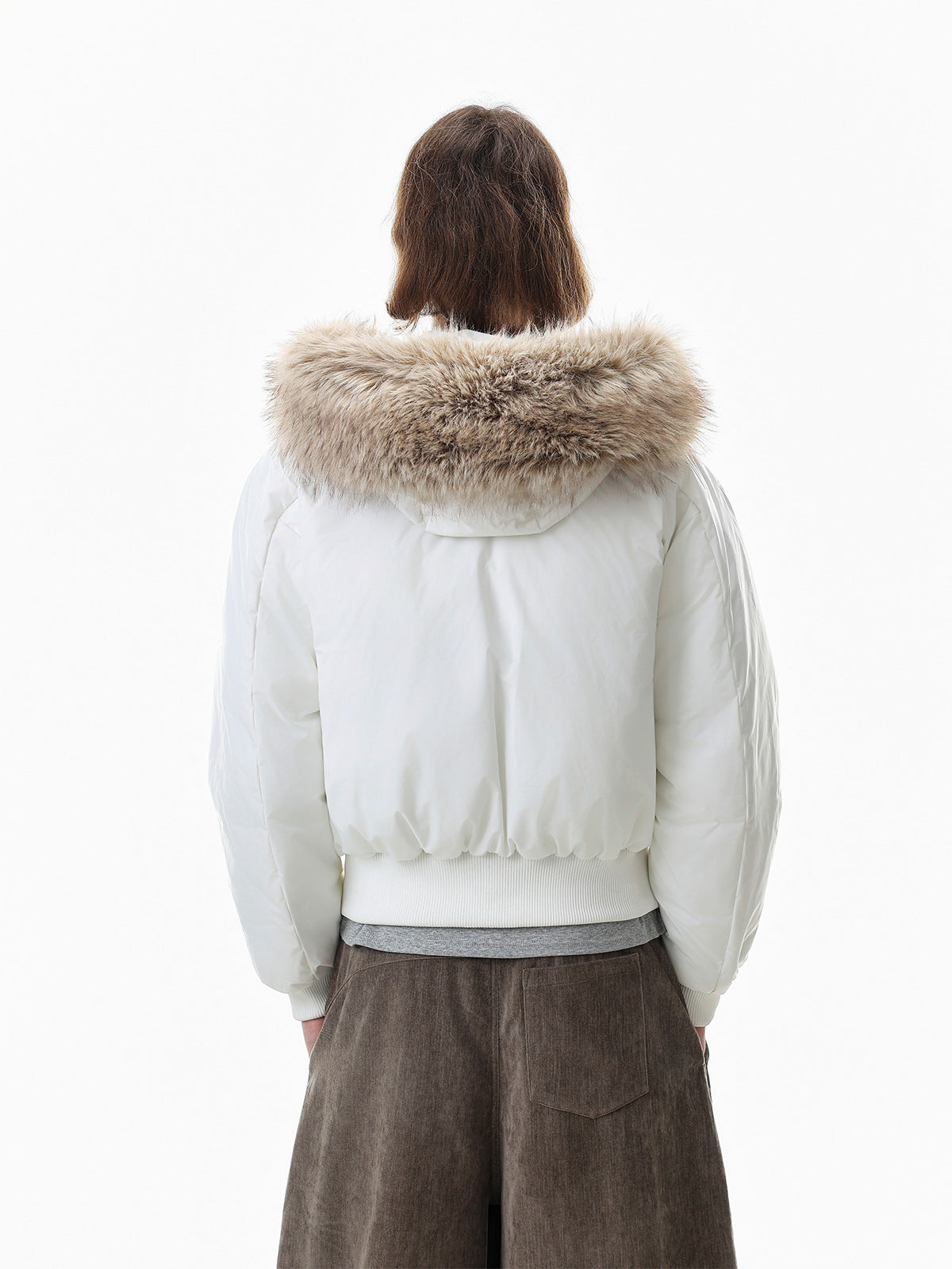 Fur-Trim Hooded Puffer Bomber Jacket – Cropped Padded Winter Coat