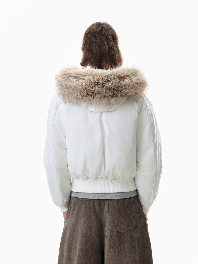 Fur-Trim Hooded Puffer Bomber Jacket – Cropped Padded Winter Coat