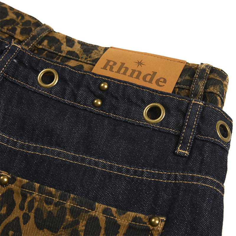 Wide-Leg Jeans with Leopard Print Double Waistband – Men's Dark Indigo Denim