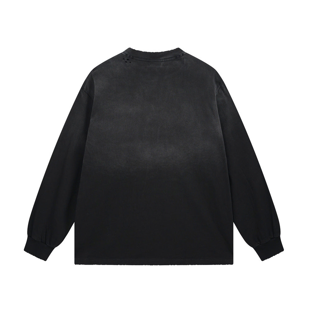 Long Sleeve T-Shirt with Cross & Flame Graphic, Distressed Washed Cotton