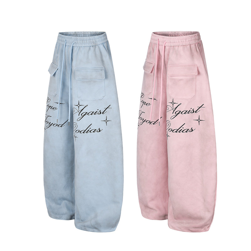 Pantalones de Chándal de Pierna Ancha con Estampado de Texto y Bolsillos Cargo