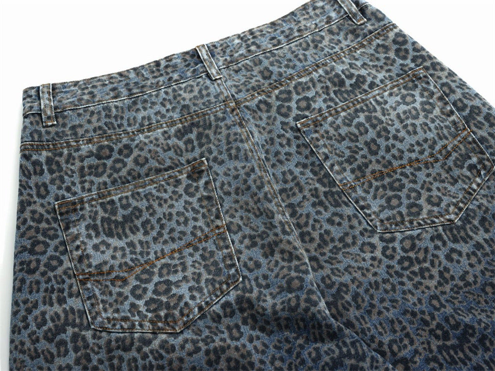 Leopard Print Wide-Leg Baggy Jeans – Oversized Curved Denim Pants