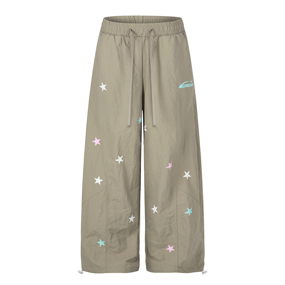 Star Print Wide Leg Parachute Pants – Drawstring Baggy Track Trousers