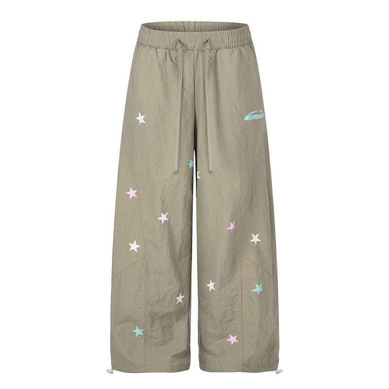 Star Print Wide Leg Parachute Pants – Drawstring Baggy Track Trousers
