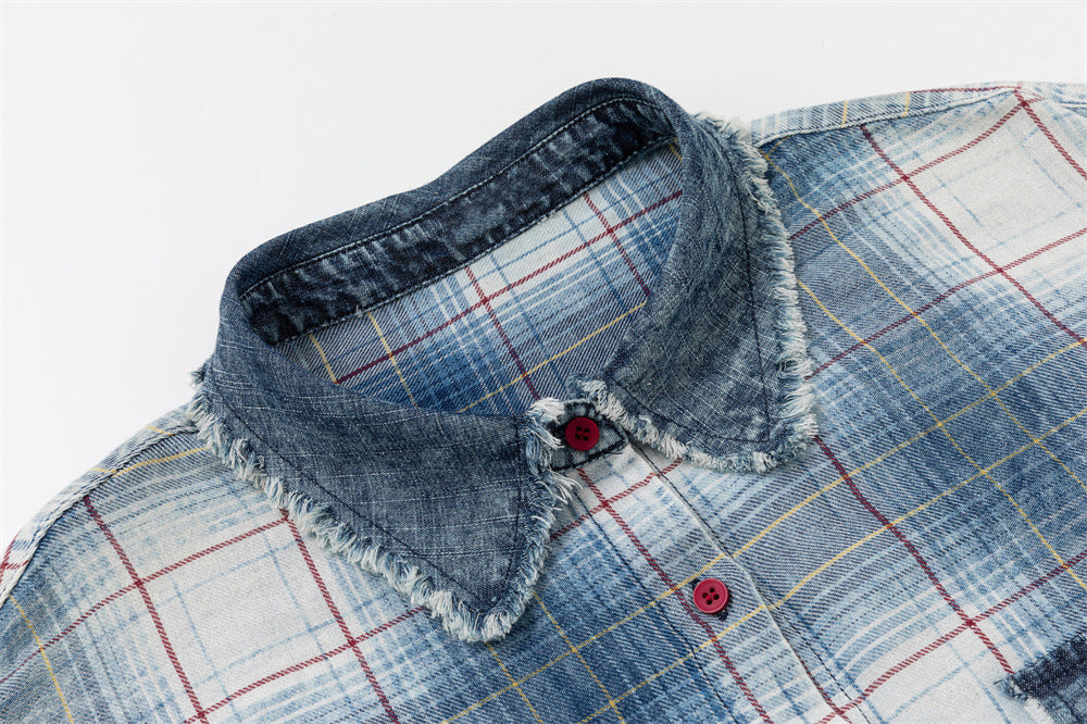 Oversized Washed Plaid Long Sleeve Shirt with Denim Patch Detail