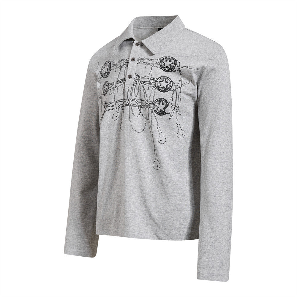 Long Sleeve Polo Shirt with Graffiti Star Print