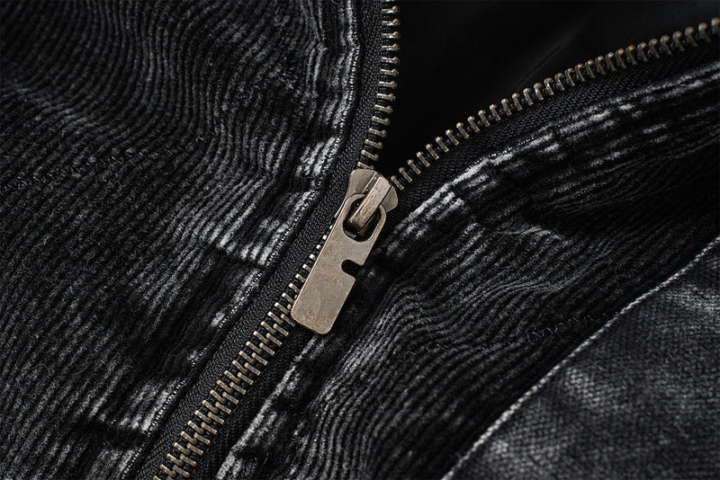 Quilted Corduroy Bomber Jacket – Acid-Washed Raw-Edge Baseball Jacket