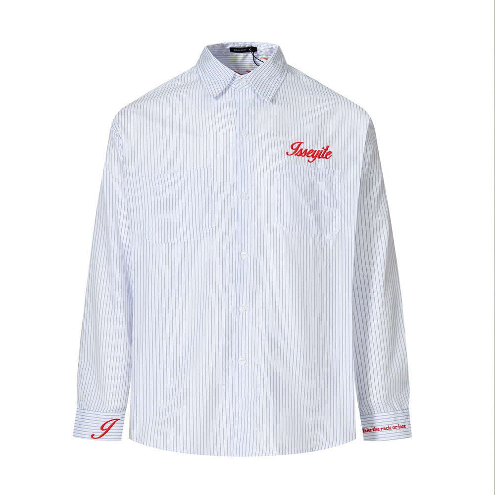 Front view of a light blue striped long sleeve shirt with red embroidered chest lettering