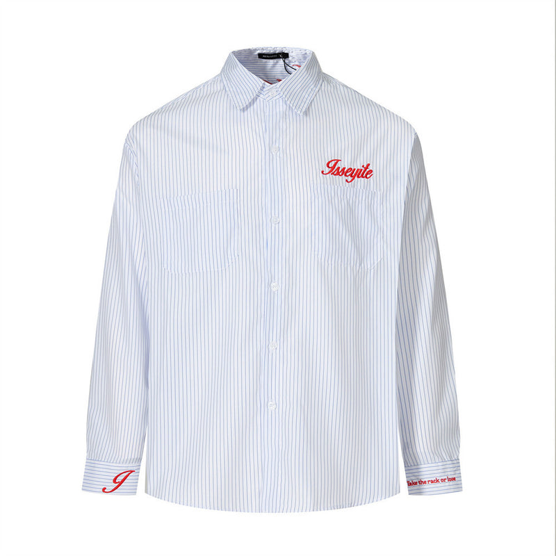 Front view of a light blue striped long sleeve shirt with red embroidered chest lettering
