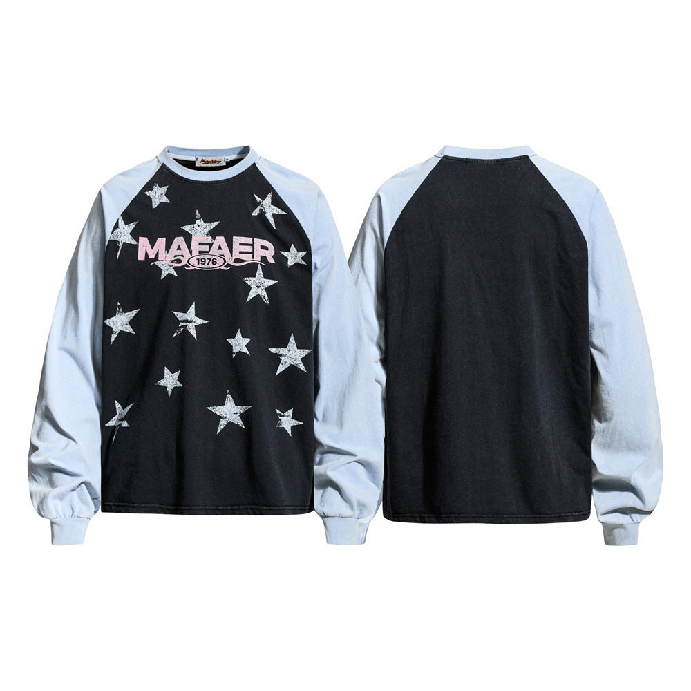 Men's oversized black and powder-blue raglan long sleeve tee with all-over distressed star print and MAFAER 1976 logo graphic