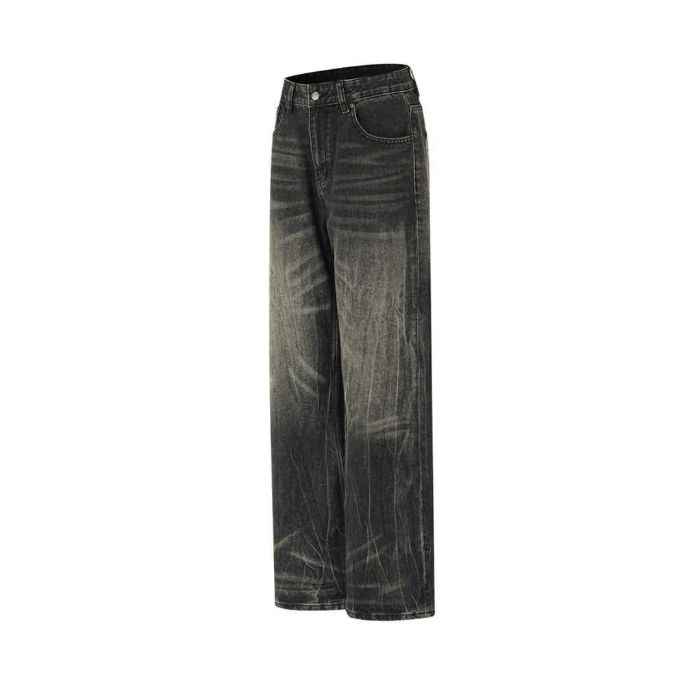 Baggy Straight Leg Jeans – Men's Vintage Washed Distressed Black Wide-Leg Denim