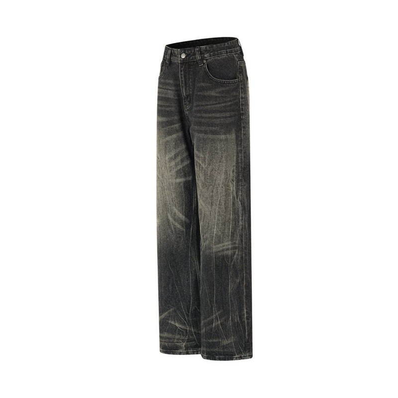 Baggy Straight Leg Jeans – Men's Vintage Washed Distressed Black Wide-Leg Denim