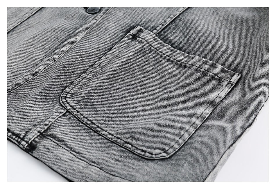 Oversized Washed Denim Blazer Jacket – Vintage Grey Black