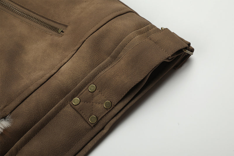 Faux Suede Shearling-Lined Moto Jacket with Buckle Straps