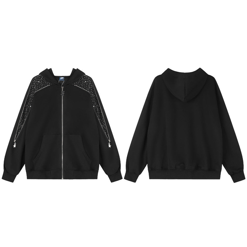 Sweat à capuche zippé avec détail de fermeture étoilée en strass — Noir oversize