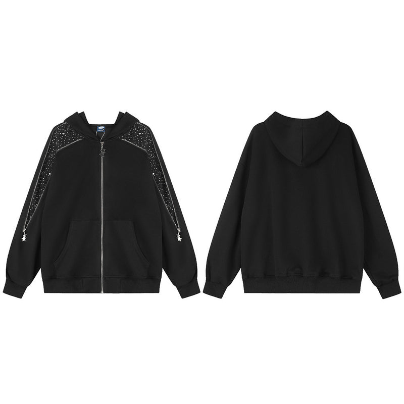 Sweat à capuche zippé avec détail de fermeture étoilée en strass — Noir oversize