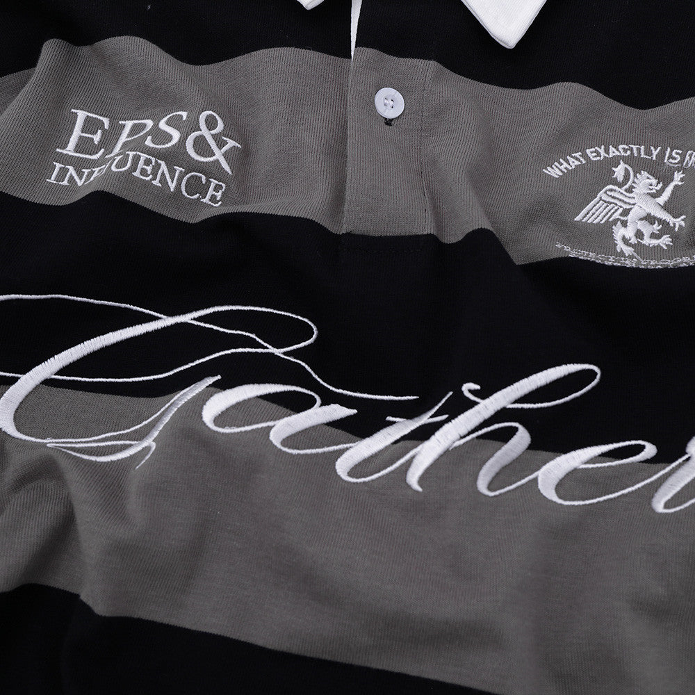 Striped Rugby Polo Shirt – Long Sleeve Color-Block Oversized Fit with Letter