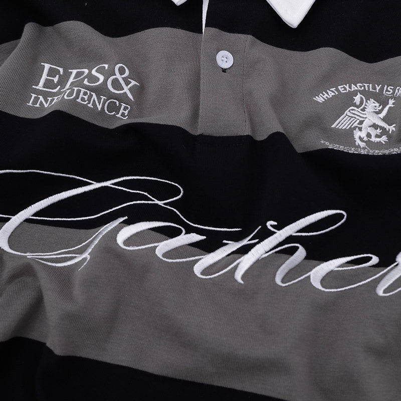 Striped Rugby Polo Shirt – Long Sleeve Color-Block Oversized Fit with Letter