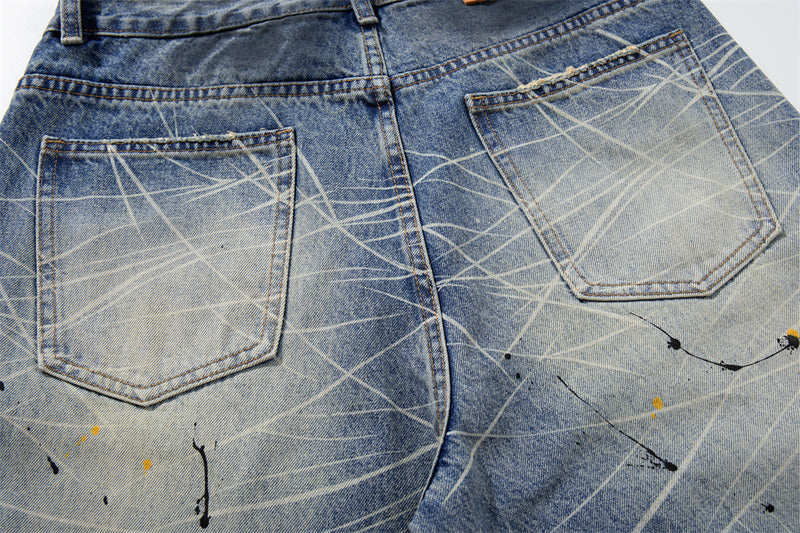 Wide-Leg Jeans with Paint Splatter & Distressed Scratch Print — Grunge Baggy Fit