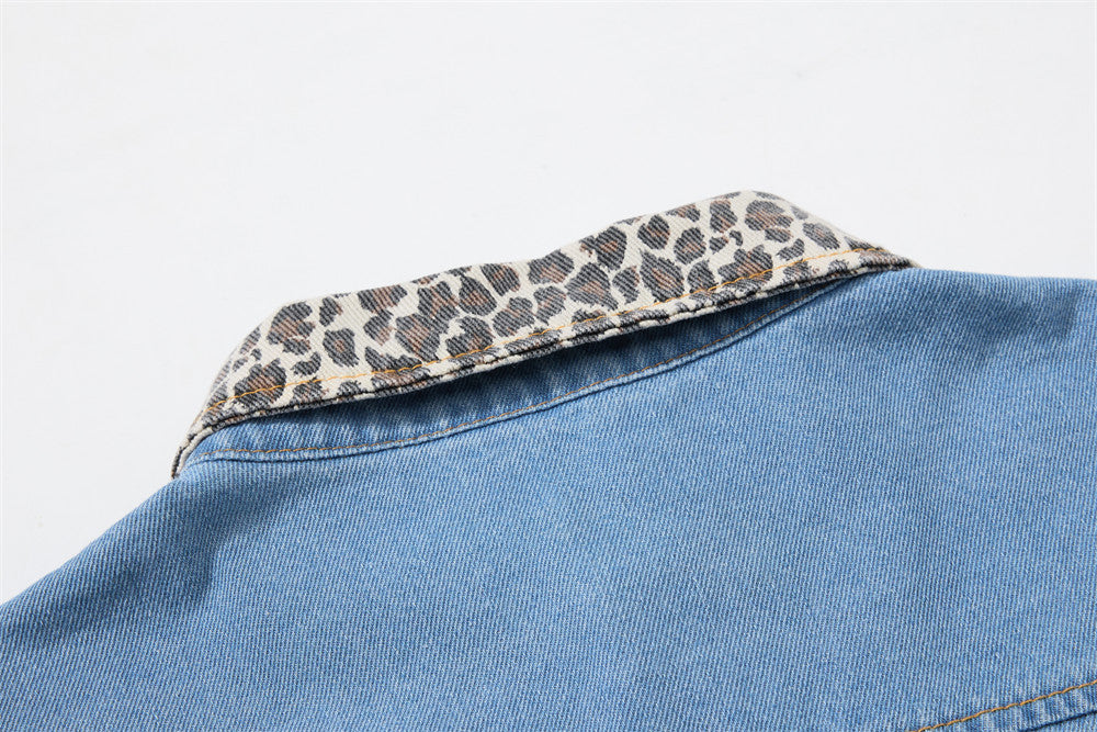Denim Shirt Men's Long Sleeve Cross Patch Embroidery Leopard Collar Oversized