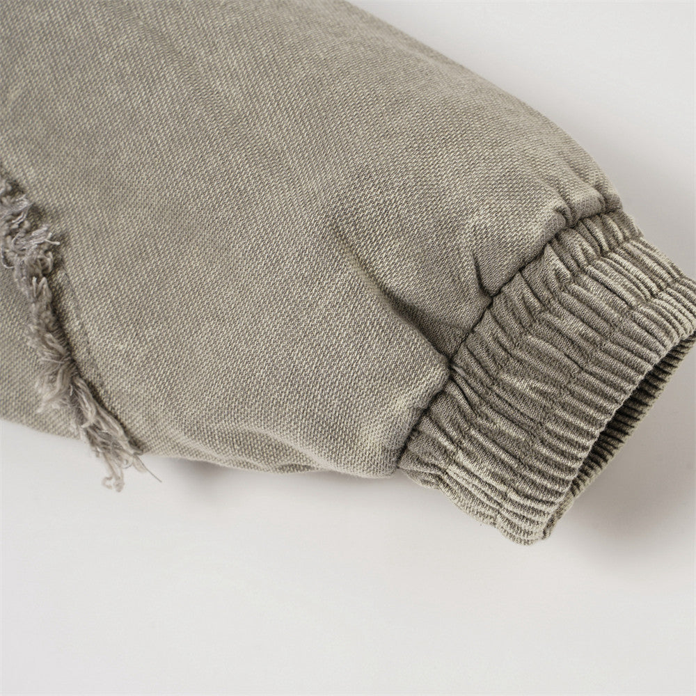 Veste à capuche zippée en patchwork délavé à l'acide – Bomber oversize bicolore à coutures effilochées