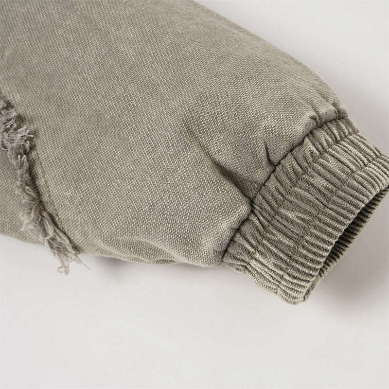 Veste à capuche zippée en patchwork délavé à l'acide – Bomber oversize bicolore à coutures effilochées