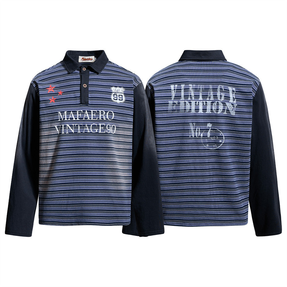 Herren-Poloshirt in Navyblau, Langarm – Vintage-Streifen, verwaschen und Relaxed Fit