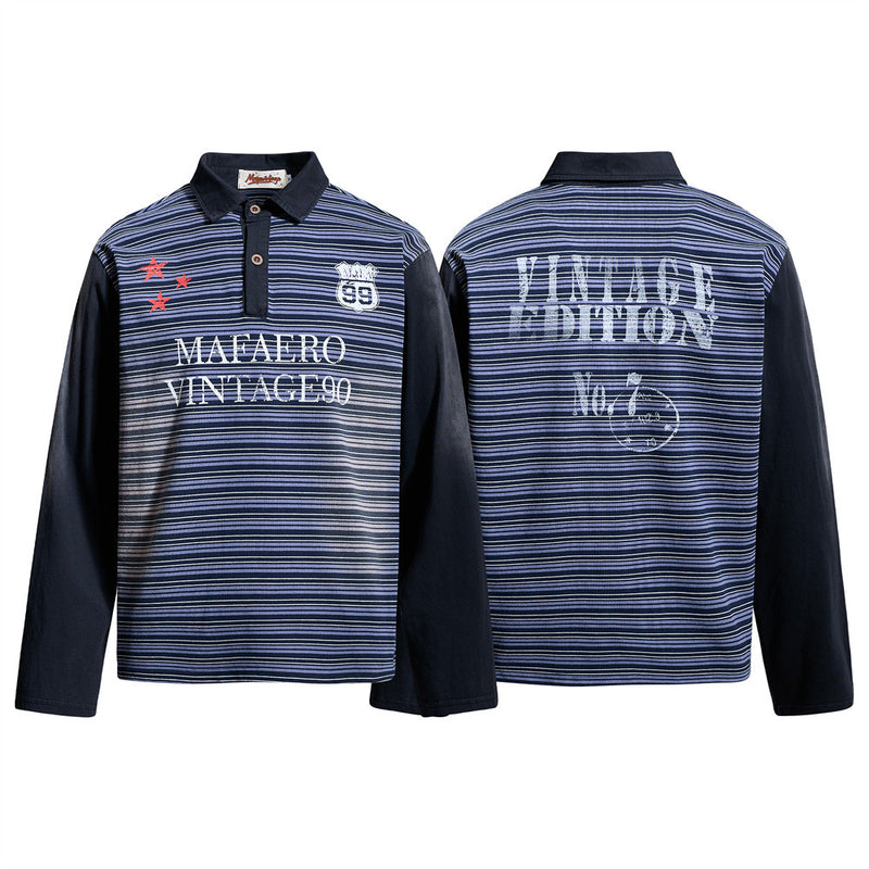 Herren-Poloshirt in Navyblau, Langarm – Vintage-Streifen, verwaschen und Relaxed Fit