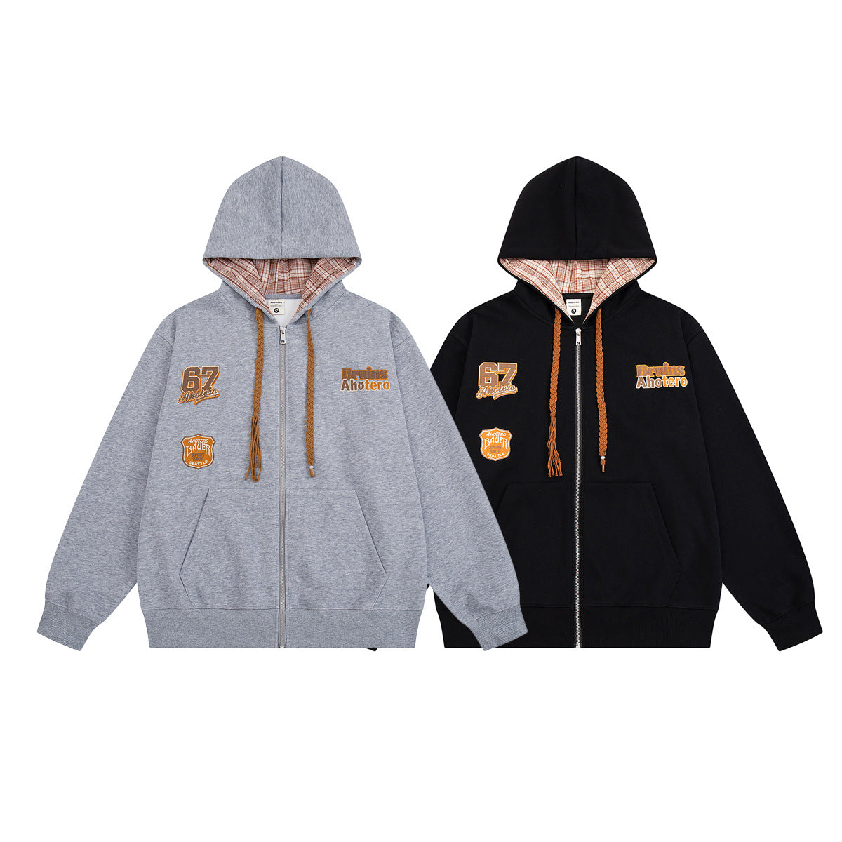 Varsity Patch Zip-Up Hoodie with Plaid-Lined Hood – Retro American Style