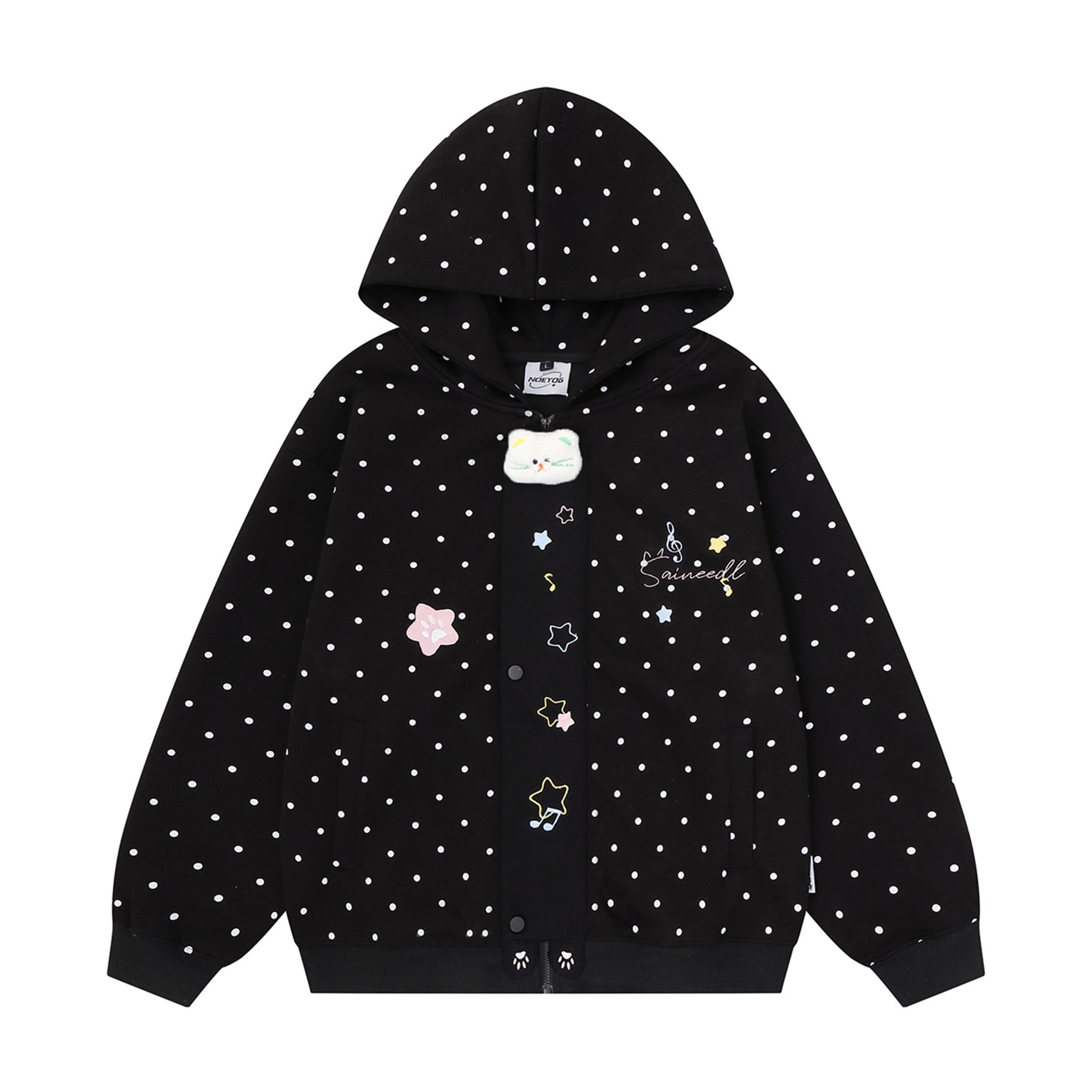 Polka Dot Zip-Up Hoodie with 3D Cat Patch & Star Embroidery – Oversized Unisex