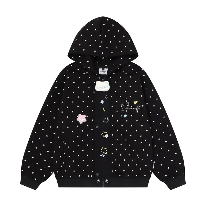 Polka Dot Zip-Up Hoodie with 3D Cat Patch & Star Embroidery – Oversized Unisex
